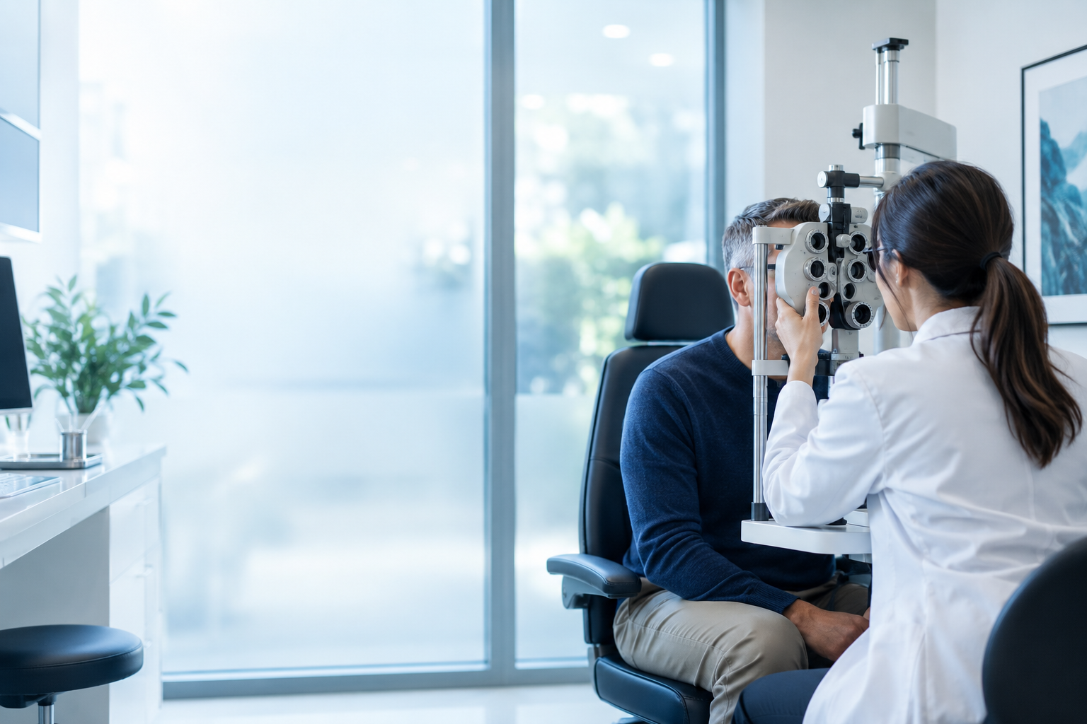 A routine eye examination in a bright, modern exam room